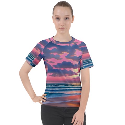 Sunset Over The Beach Women s Sport Raglan Tee by GardenOfOphir