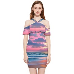 Sunset Over The Beach Shoulder Frill Bodycon Summer Dress by GardenOfOphir