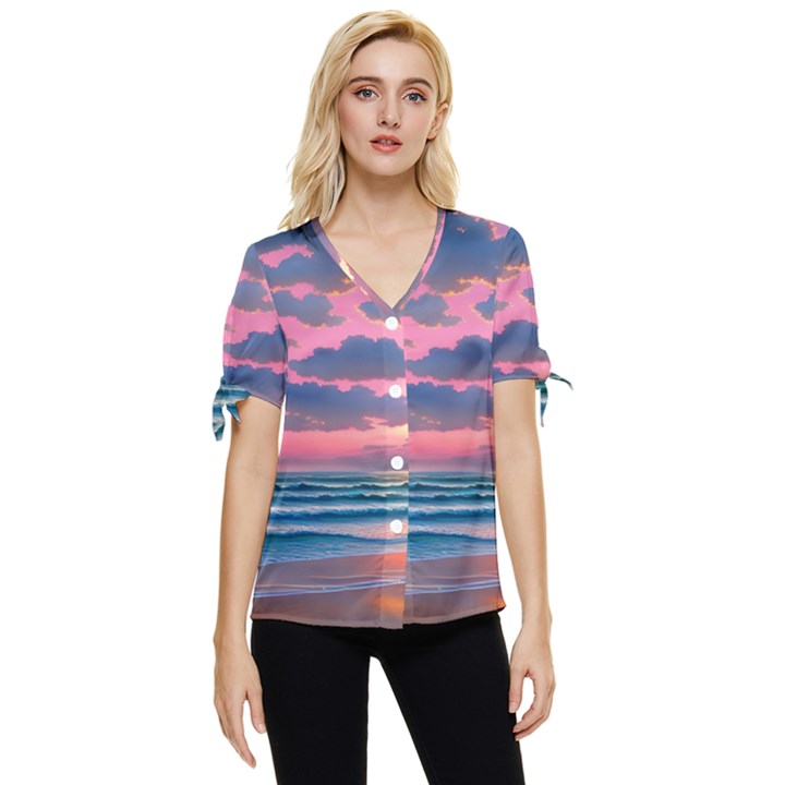 Sunset Over The Beach Bow Sleeve Button Up Top