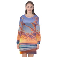 Summer Sunset Over Beach Long Sleeve Chiffon Shift Dress  by GardenOfOphir