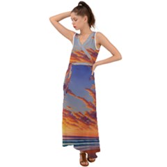 Summer Sunset Over Beach V-neck Chiffon Maxi Dress by GardenOfOphir