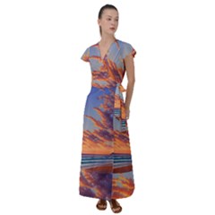 Summer Sunset Over Beach Flutter Sleeve Maxi Dress by GardenOfOphir