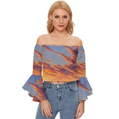 Summer Sunset Over Beach Off Shoulder Flutter Bell Sleeve Top by GardenOfOphir