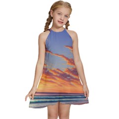 Summer Sunset Over Beach Kids  Halter Collar Waist Tie Chiffon Dress by GardenOfOphir