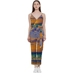 Nature Sunset V-neck Spaghetti Strap Tie Front Jumpsuit by GardenOfOphir