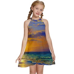 Nature Sunset Kids  Halter Collar Waist Tie Chiffon Dress