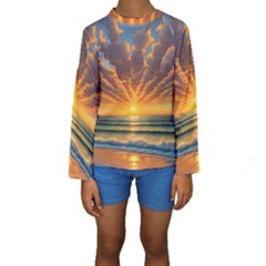 Waves At Sunset Kids  Long Sleeve Swimwear by GardenOfOphir