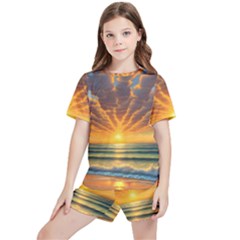 Waves At Sunset Kids  Tee And Sports Shorts Set by GardenOfOphir