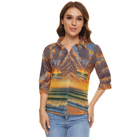 Waves At Sunset Women s Quarter Sleeve Pocket Shirt by GardenOfOphir