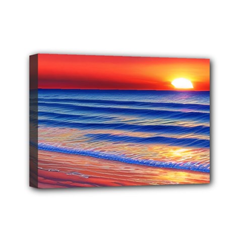 Golden Sunset Over Beach Mini Canvas 7  X 5  (stretched) by GardenOfOphir