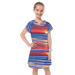 Golden Sunset Over Beach Kids  Drop Waist Dress by GardenOfOphir