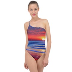 Golden Sunset Over Beach Classic One Shoulder Swimsuit