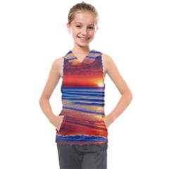 Golden Sunset Over Beach Kids  Sleeveless Hoodie by GardenOfOphir