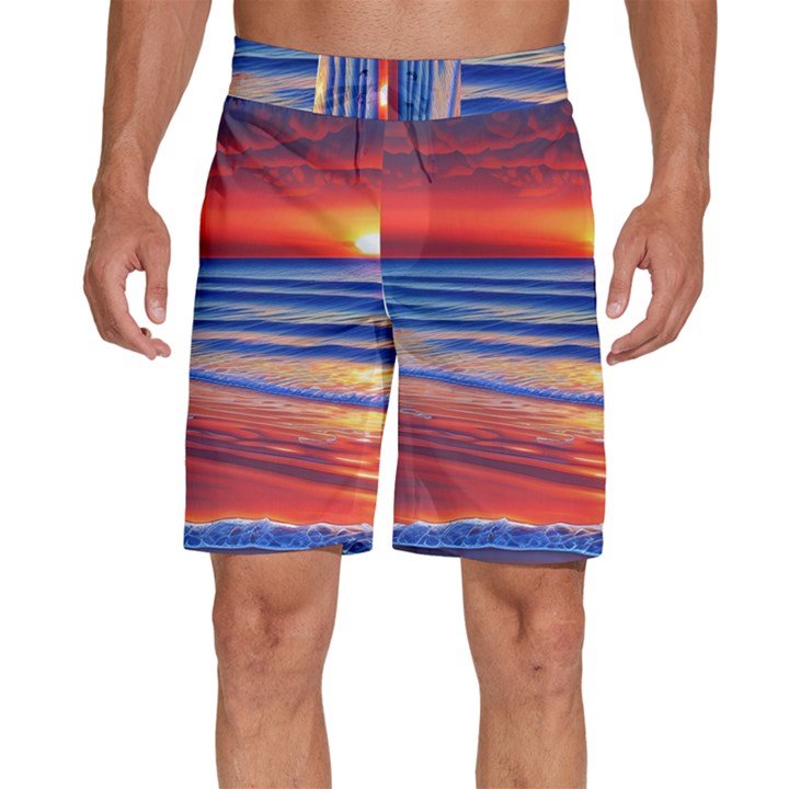 Golden Sunset Over Beach Men s Beach Shorts