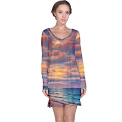 Serene Sunset Over Beach Long Sleeve Nightdress by GardenOfOphir