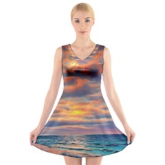 Serene Sunset Over Beach V-neck Sleeveless Dress by GardenOfOphir