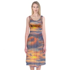 Serene Sunset Over Beach Midi Sleeveless Dress by GardenOfOphir