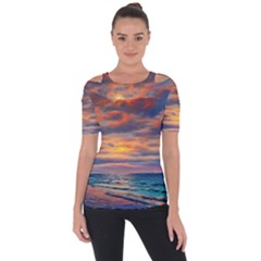 Serene Sunset Over Beach Shoulder Cut Out Short Sleeve Top by GardenOfOphir