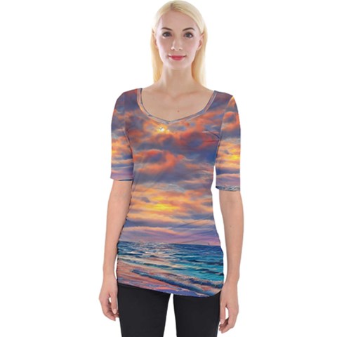 Serene Sunset Over Beach Wide Neckline Tee by GardenOfOphir