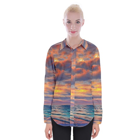 Serene Sunset Over Beach Womens Long Sleeve Shirt by GardenOfOphir