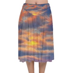 Serene Sunset Over Beach Velvet Flared Midi Skirt by GardenOfOphir