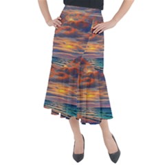 Serene Sunset Over Beach Midi Mermaid Skirt by GardenOfOphir