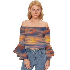 Serene Sunset Over Beach Off Shoulder Flutter Bell Sleeve Top by GardenOfOphir