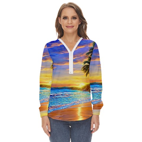 Sunrise At The Beach Zip Up Long Sleeve Blouse by GardenOfOphir