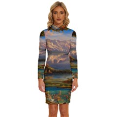 Summer Sunset Long Sleeve Shirt Collar Bodycon Dress