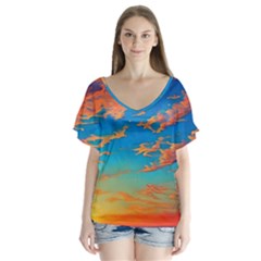 Waves Crashing On The Shore V-neck Flutter Sleeve Top by GardenOfOphir