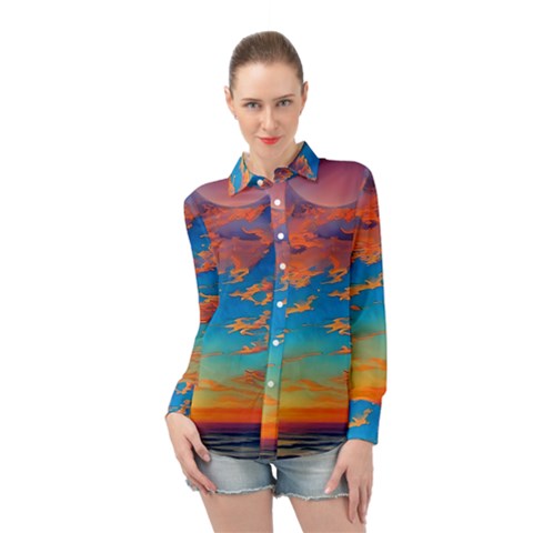 Waves Crashing On The Shore Long Sleeve Chiffon Shirt by GardenOfOphir