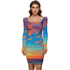 Waves Crashing On The Shore Women Long Sleeve Ruched Stretch Jersey Dress by GardenOfOphir