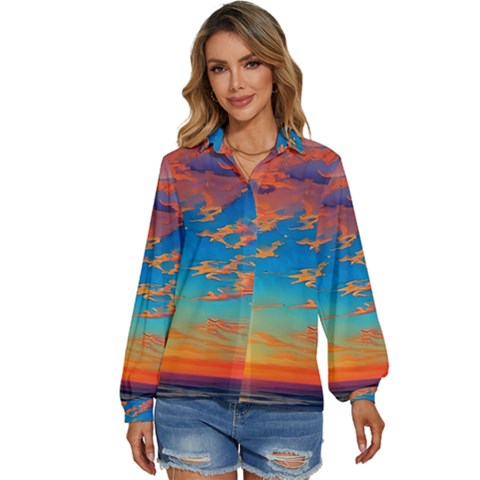 Waves Crashing On The Shore Women s Long Sleeve Button Down Shirt by GardenOfOphir