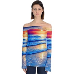 Ocean Sunset Off Shoulder Long Sleeve Top by GardenOfOphir