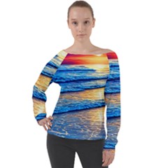 Ocean Sunset Off Shoulder Long Sleeve Velour Top by GardenOfOphir