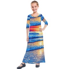 Ocean Sunset Kids  Quarter Sleeve Maxi Dress by GardenOfOphir