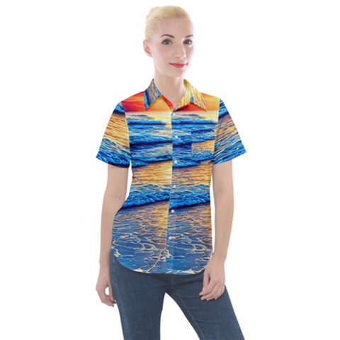 Ocean Sunset Women s Short Sleeve Pocket Shirt by GardenOfOphir