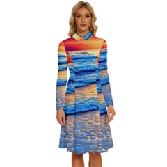 Ocean Sunset Long Sleeve Shirt Collar A-line Dress