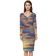 Sunrise Over The Sand Dunes Long Sleeve V-neck Bodycon Dress  by GardenOfOphir