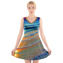 Modern Sunset Over The Ocean V-neck Sleeveless Dress by GardenOfOphir