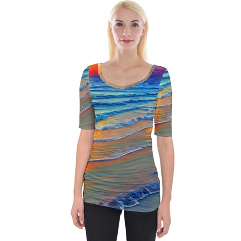 Modern Sunset Over The Ocean Wide Neckline Tee by GardenOfOphir