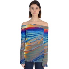 Modern Sunset Over The Ocean Off Shoulder Long Sleeve Top by GardenOfOphir