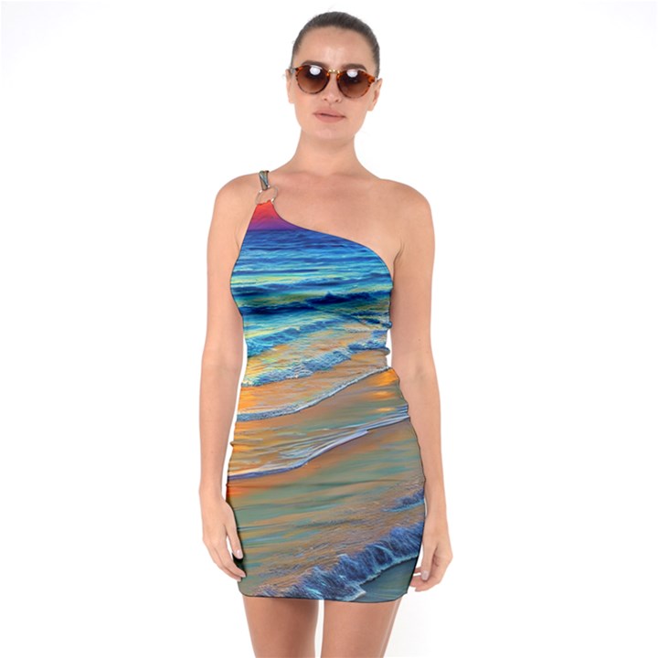 Modern Sunset Over The Ocean One Soulder Bodycon Dress