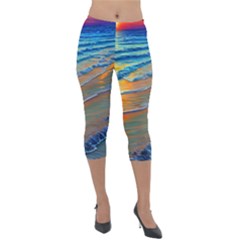 Modern Sunset Over The Ocean Lightweight Velour Capri Leggings  by GardenOfOphir