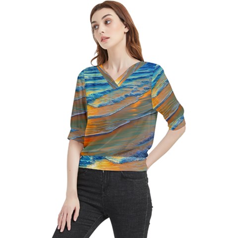 Modern Sunset Over The Ocean Quarter Sleeve Blouse by GardenOfOphir