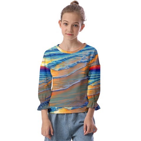 Modern Sunset Over The Ocean Kids  Cuff Sleeve Top by GardenOfOphir