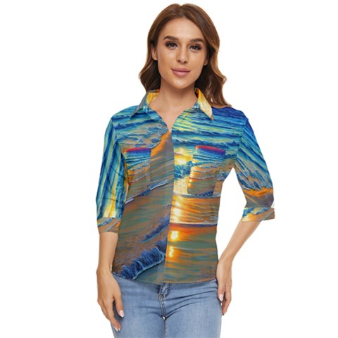 Modern Sunset Over The Ocean Women s Quarter Sleeve Pocket Shirt by GardenOfOphir