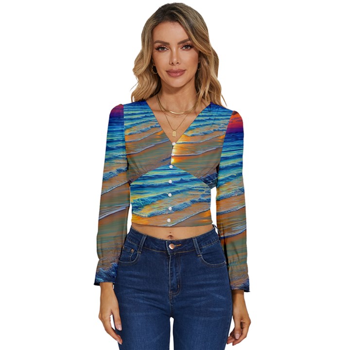 Modern Sunset Over The Ocean Long Sleeve V-Neck Top