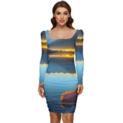 Gorgeous Lake Women Long Sleeve Ruched Stretch Jersey Dress