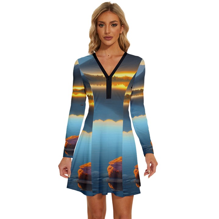 Gorgeous Lake Long Sleeve Deep V Mini Dress 